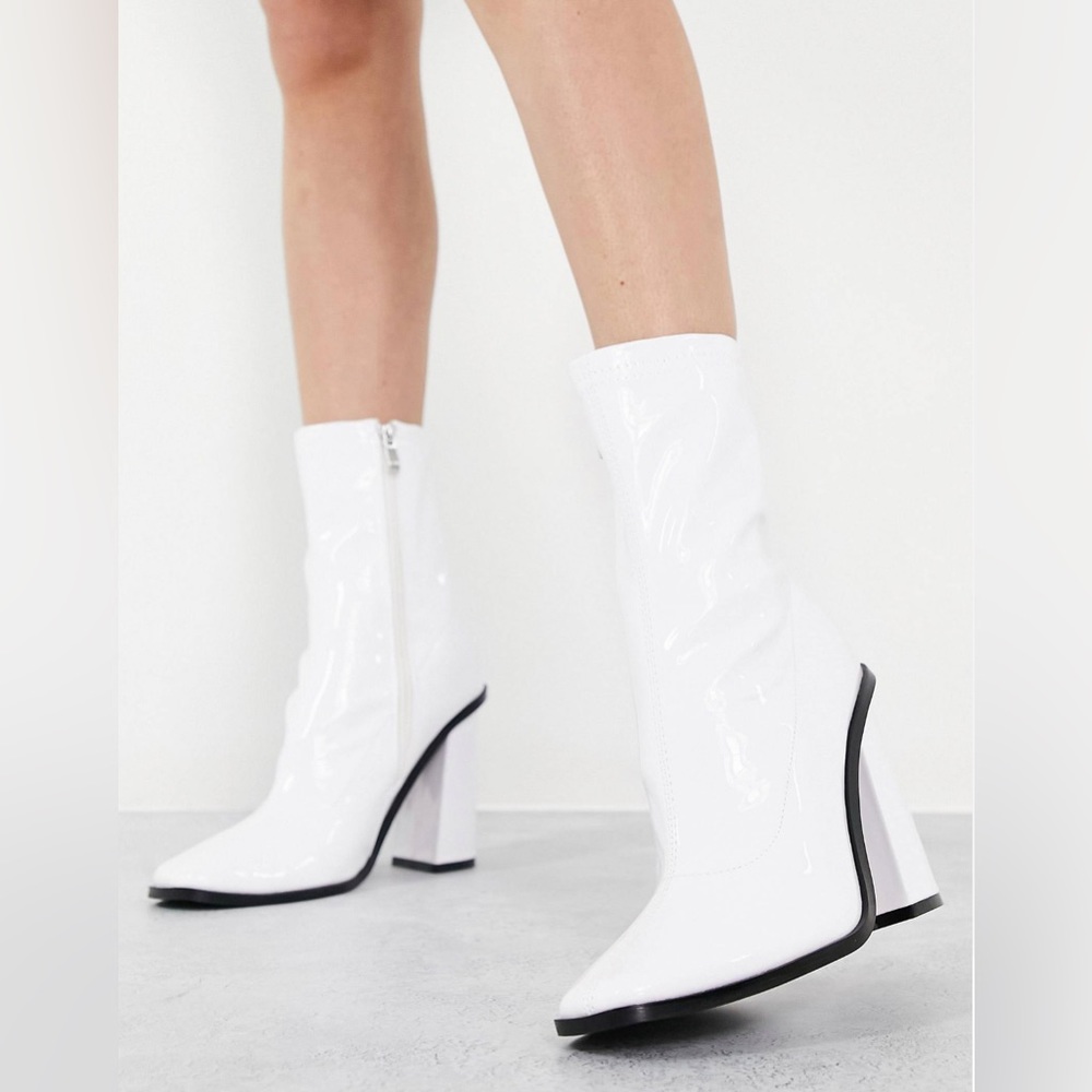 RAID Saylor block heel sock boot in white patent